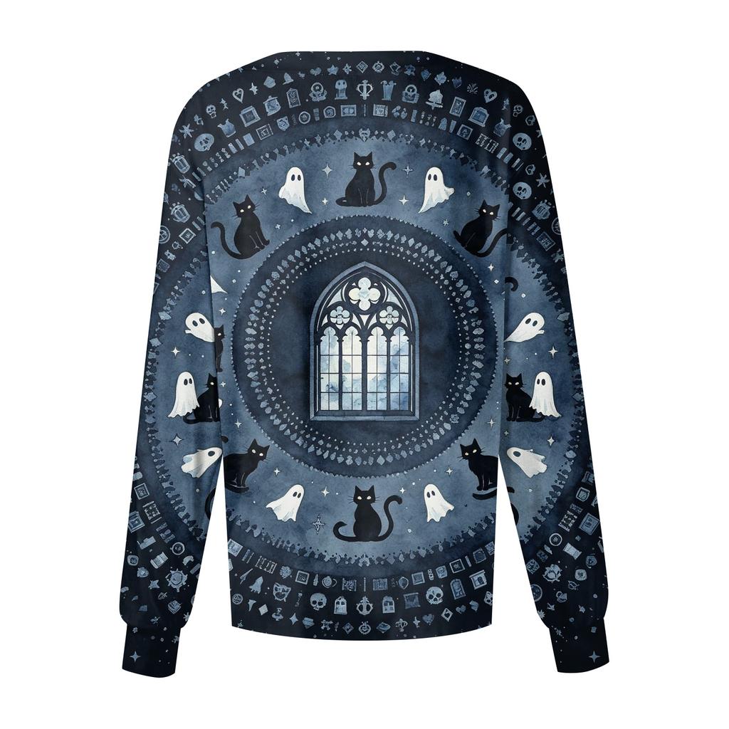 Women's Halloween Print Scrub Long Sleeve Cardigan Button Down for Casual Daily Wear
