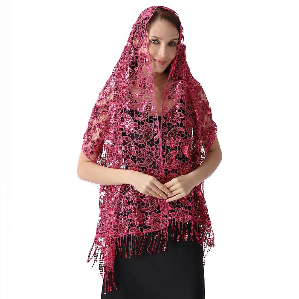 Lace & Sequins Shawl Wraps for Evening Dresses Wedding Decoration Scarf Elegant Hijab Cover for Ramadan Festivals Women's Modest Fashion Floral Shawl