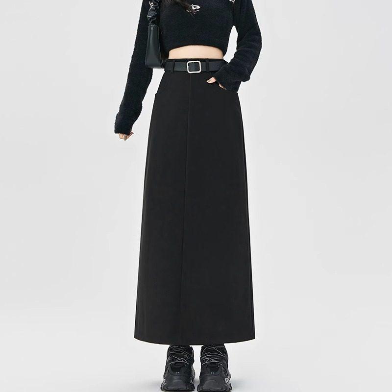 New Style Women s High-Waist A-Line Wool Skirt - Black, Long, XS L