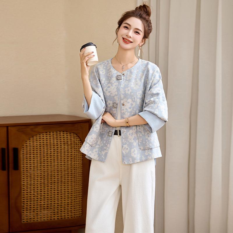 2022 Spring Women's Jacquard Round Neck Top - Chinese National Style HE5005