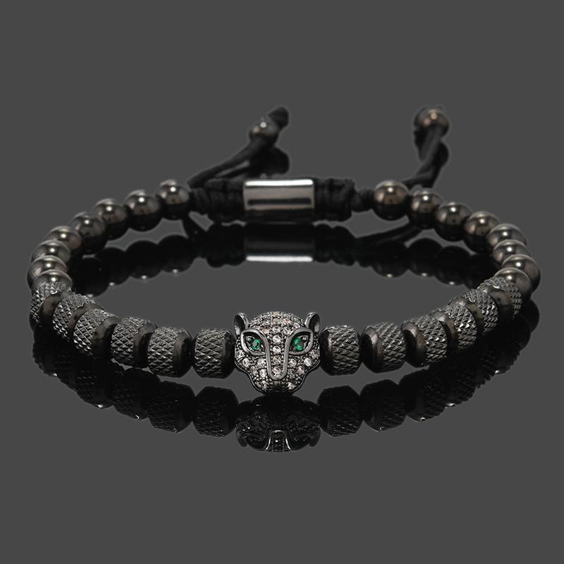 Bracciale da Uomo Lusso Testa di Leopardo Nero Reale Perline in Acciaio Inossidabile Gioielli Fatti a Mano Regalo per Ragazzo Grande