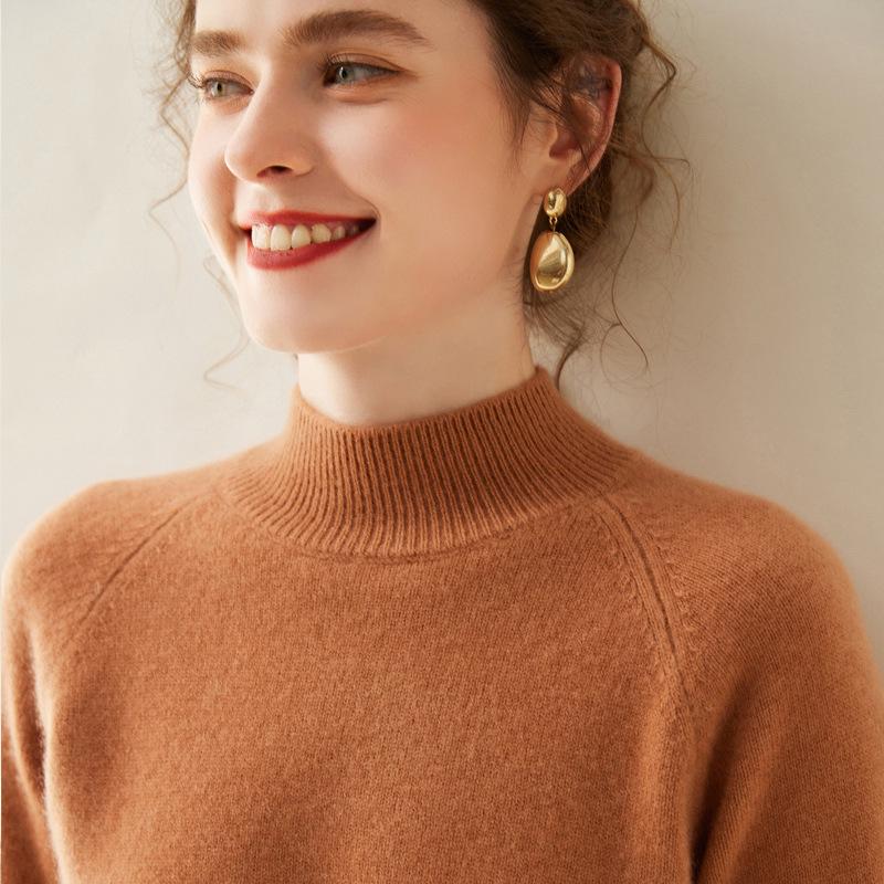 Women's 100% Pure Cashmere Soft Knit Sweater, Half-High Neck, Loose, Skin-Friendly, Slimming Base Layer