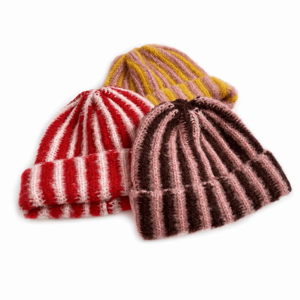 Color Blocked Ribbed Knit Cap Thick Warm Hat Brimless Striped Beanie Hat  Outdoor