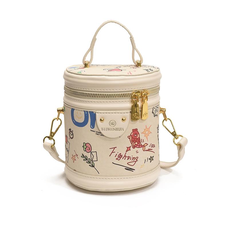 

Cartoon printed bag 2025 new Japanese cute girl hand carrying bucket bag foreign versatile messenger cylinder bag белый