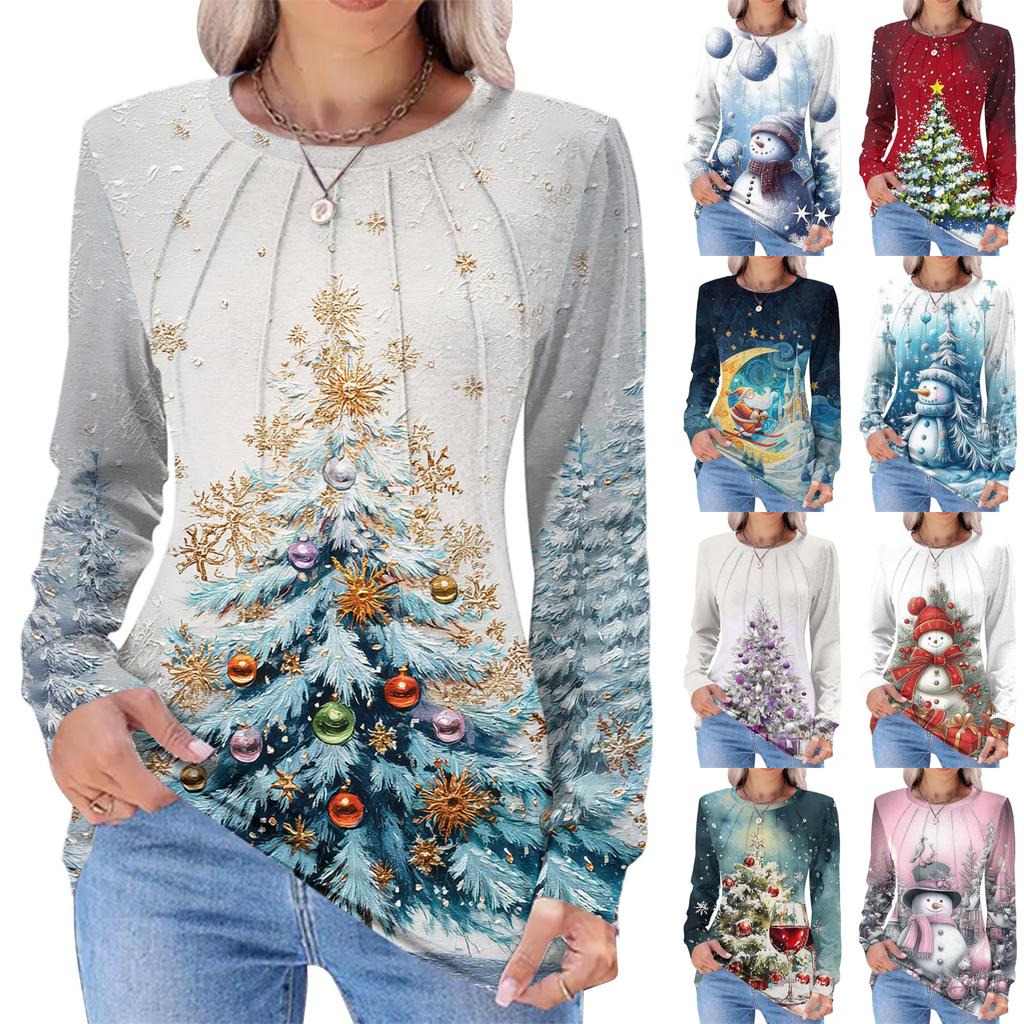 Women's Fashionable Casual Christmas Printed Pleated Comfortable Round Neck Loose Long Sleeve T-Shirt Top