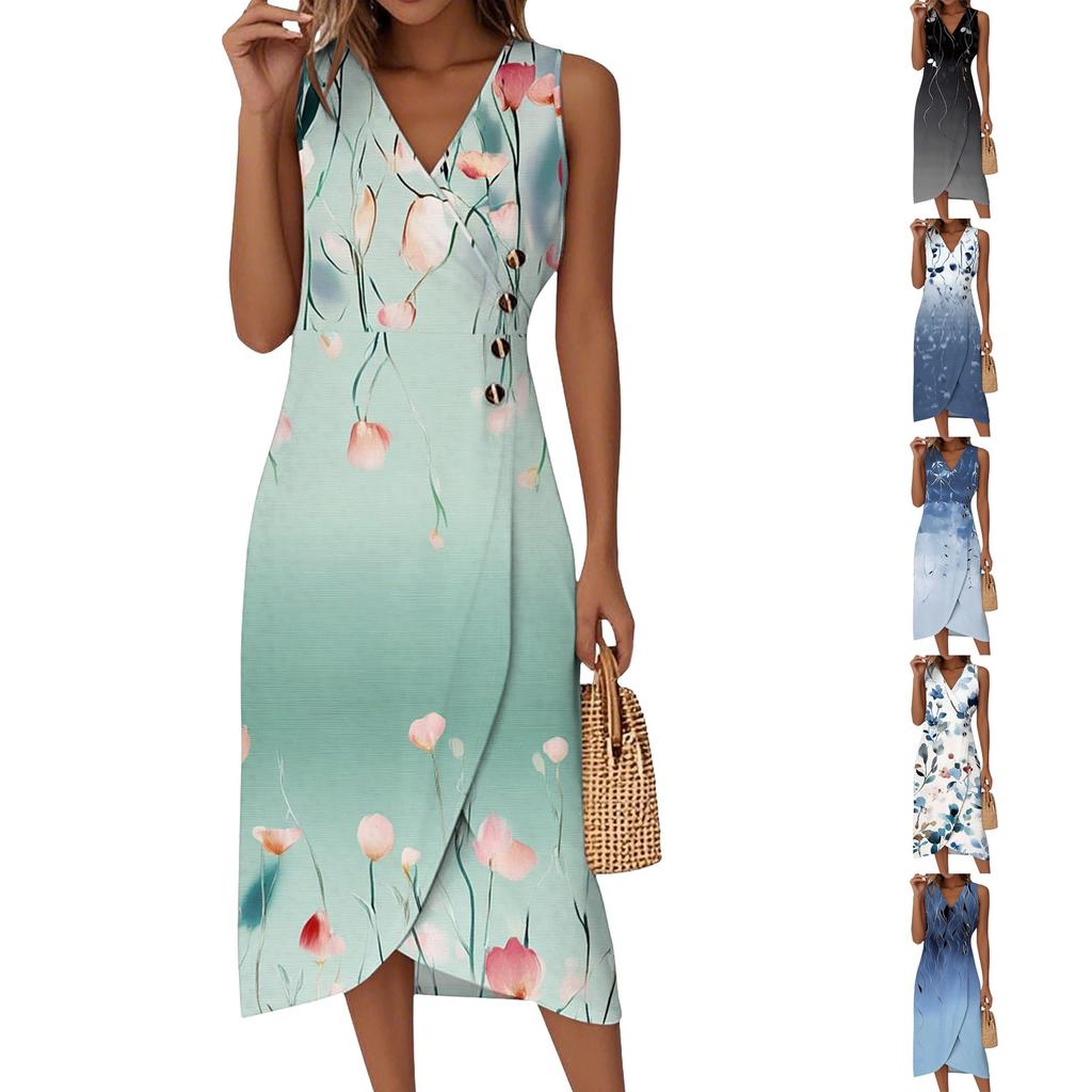 Women's Casual V-Neck Spring/Summer Sleeveless Button Retro Print Dress