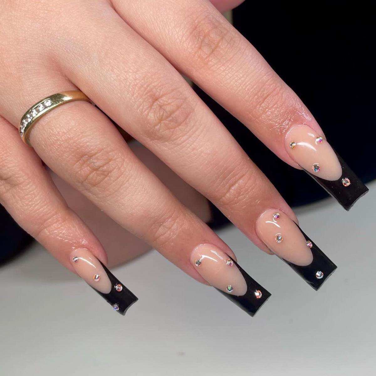 

Extra Long Wearable Black French Tip Nails with Rhinestones and Stickers