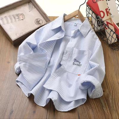 Boys' Cotton Shirts, Spring and Autumn Children's Handsome Striped Shirts, Korean Version of The Big Children's Outer Wear Long Sleeves