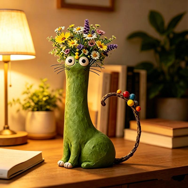 Cat Shaped Resin Vase Cute 1PC Long Neck Cat Animal Ornament Flower Pot Perfect for Living Room Shelf