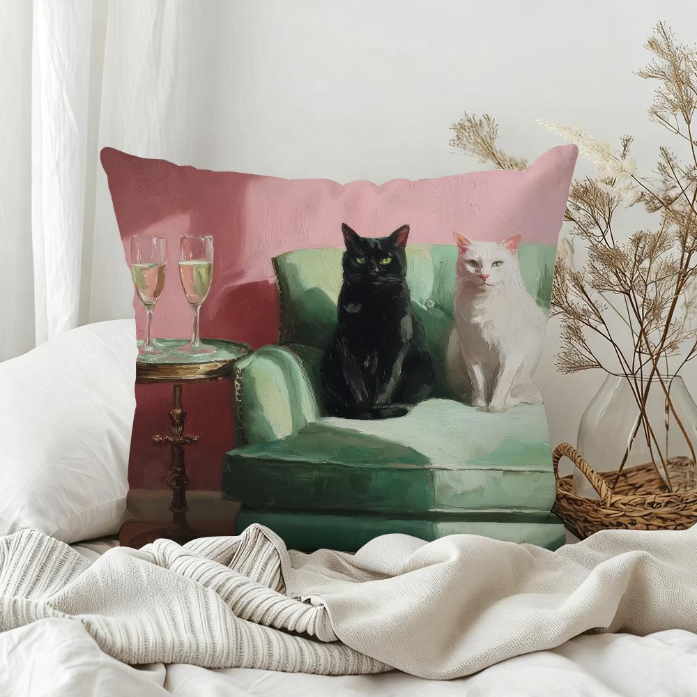 

Black and White Cats with Champagne Art Pillow Case Bedroom Sofa Living Room Backrest Decoration Square Cushion Nap Time 30x30 cm