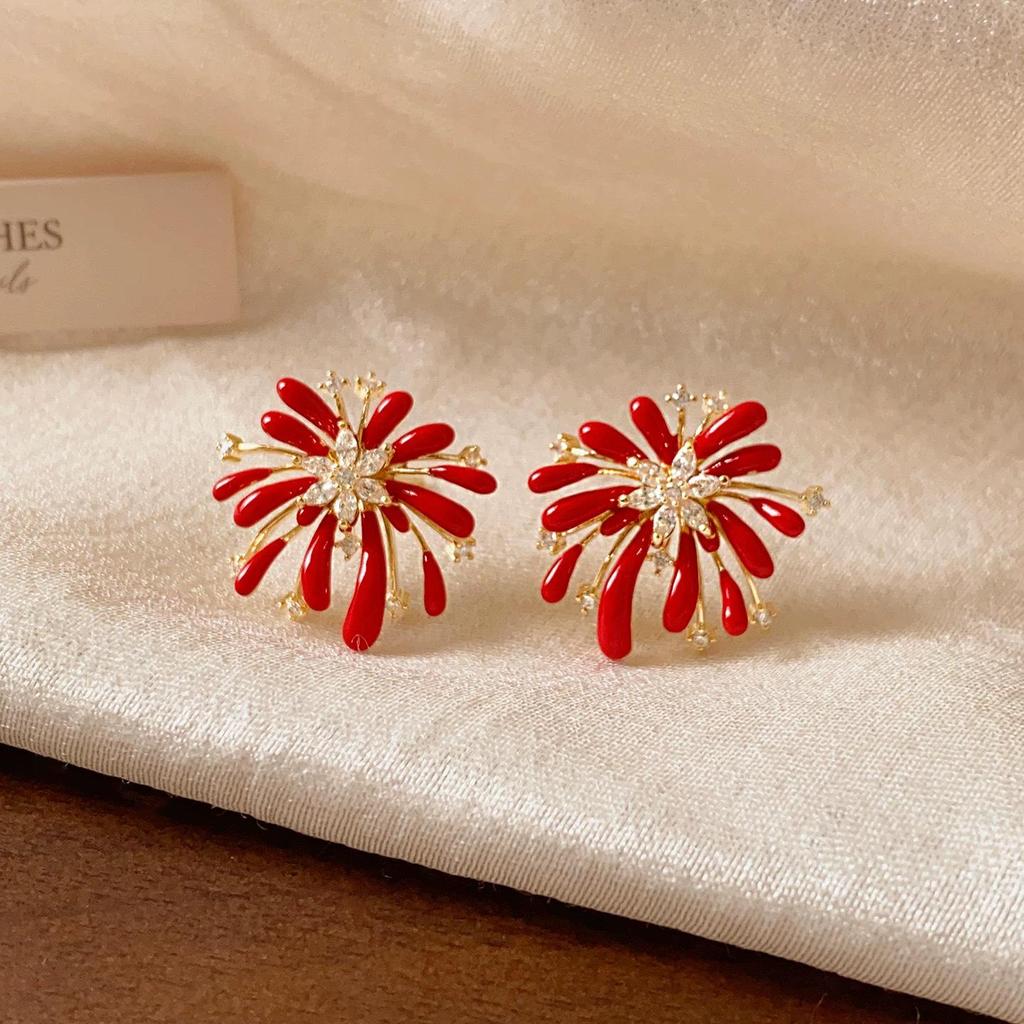 Luxury Silver Diamond-Inlaid Red Flower Pearl Stud Earrings: Elegant Design with a Fashionable Flair