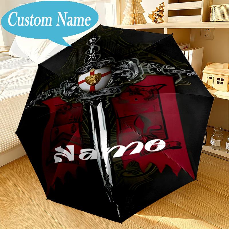 Custom Name Umbrella Knightly Crest Shield Sword Umbrella 8-Frame for Travel, Camping, Casual Lightweight Portable, Essential for Family Gifts