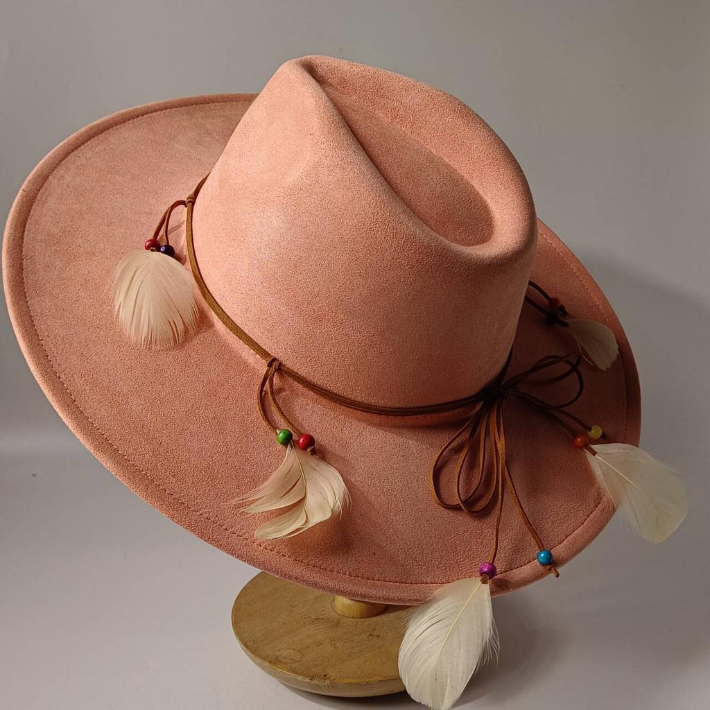 2026Bohemian style suede hat, brim 9.5 cm fedora with feather accessories, classic church hat, wide brim hat, women's hat