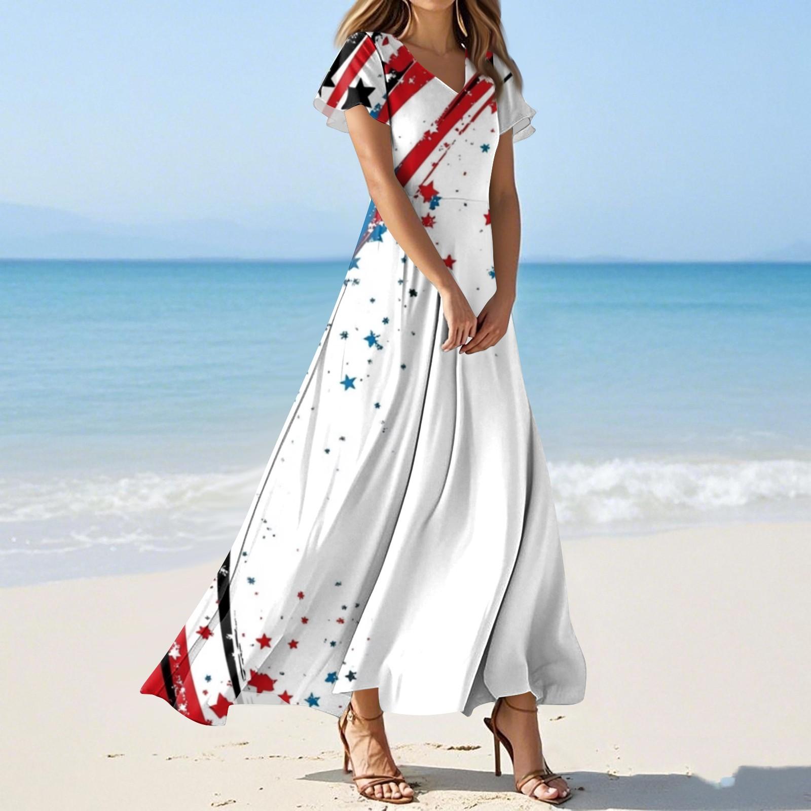 

Жіночі літні повсякденні модні сукні з принтом до Дня Незалежності, з V-подібним вирізом та коротким рукавом S білий