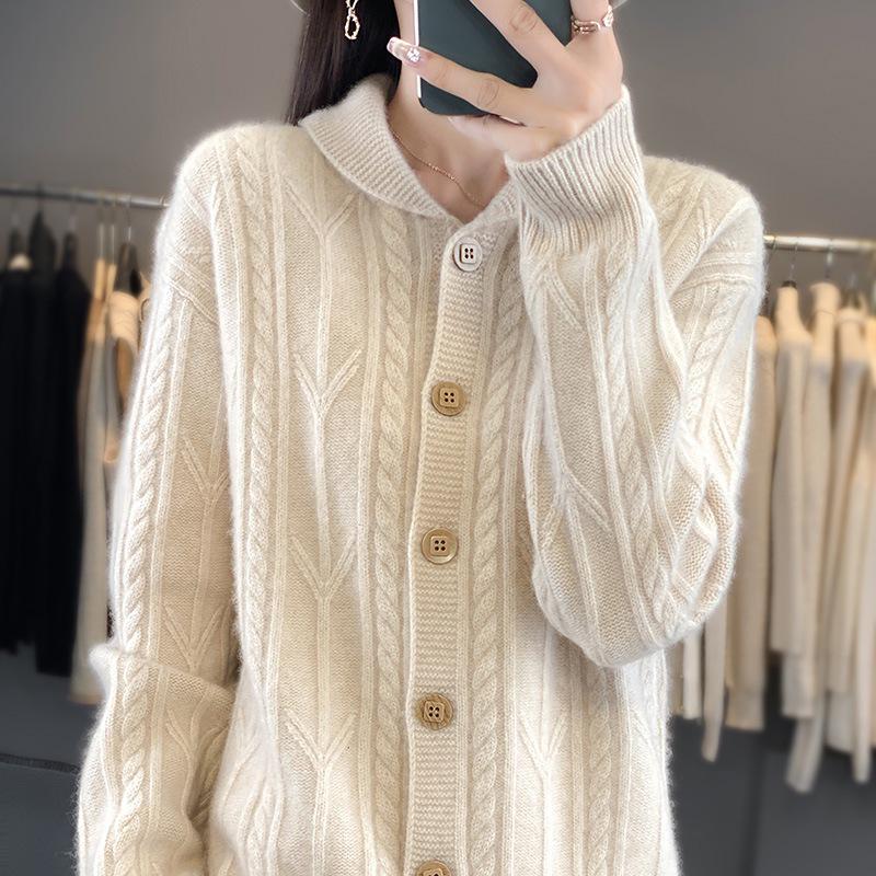 Women's Thick Woolen Cable Knit Cardigan with Lapel - Autumn/Winter Long Sleeve Cashmere Knitwear.