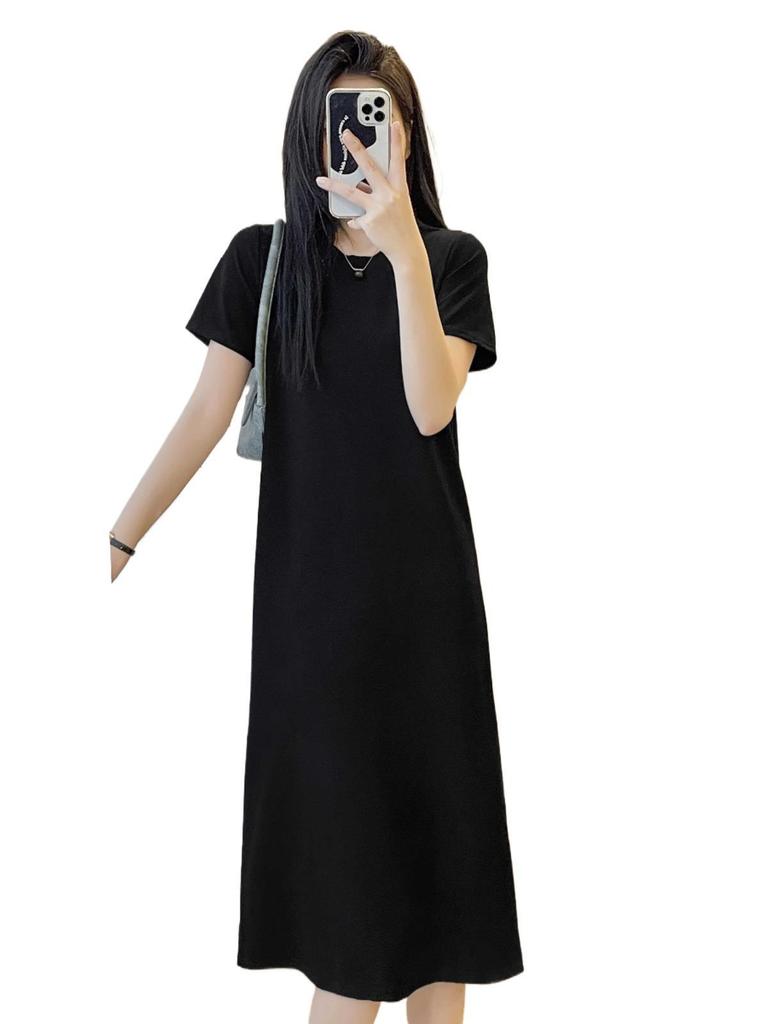 Hepburn Style Black Summer Short Sleeve T-Shirt Dress with Long Skirt for Women