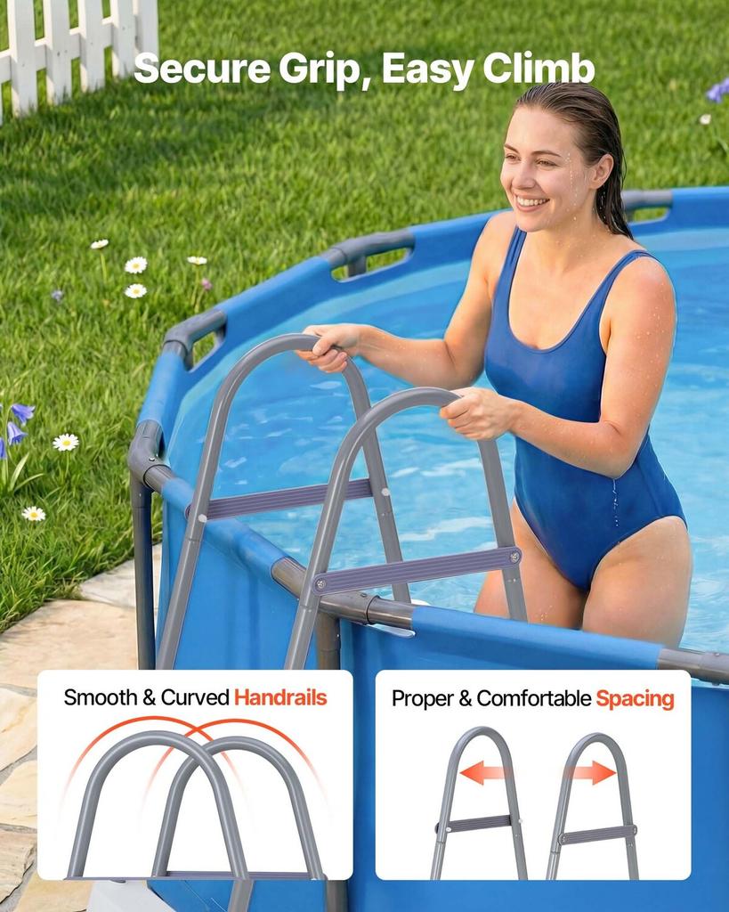 Above Ground Pool Ladder, 3-Step Steel A-Frame Swimming Pool Stairs for 106.7 Cm High Wall, 136 Kg Capacity Entry/Exit Steps with Secure Non-Slip