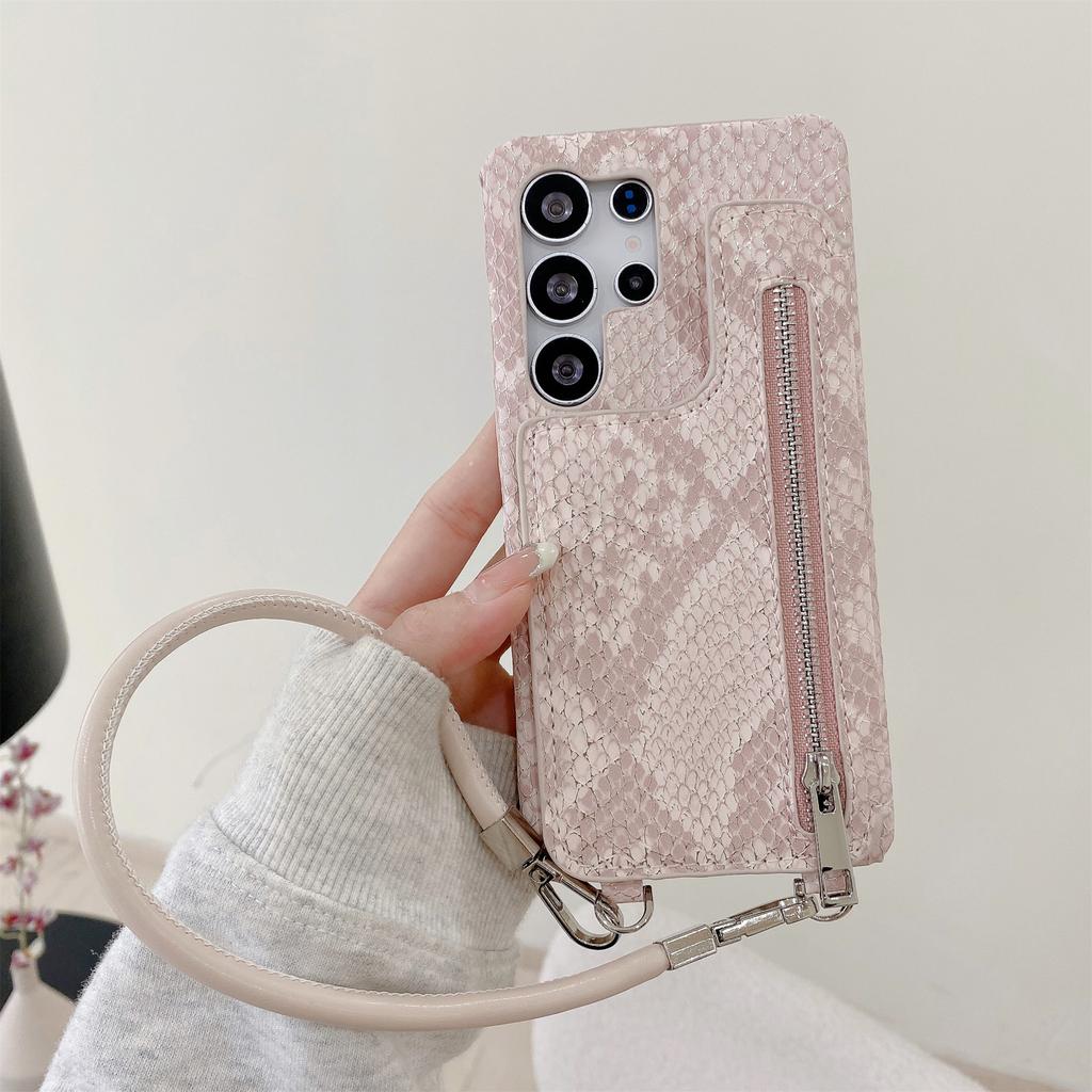 For Samsung Galaxy S24 Ultra Case Zipper Card Holder Mirror Snake Texture PU + PC Back Cover with Lanyard