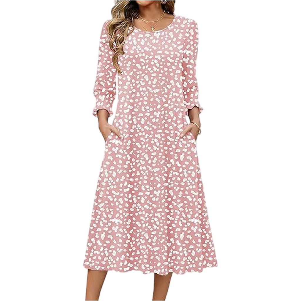 Women's Fashion Pocket Half Sleeve Floral Mid,length Casual Dress