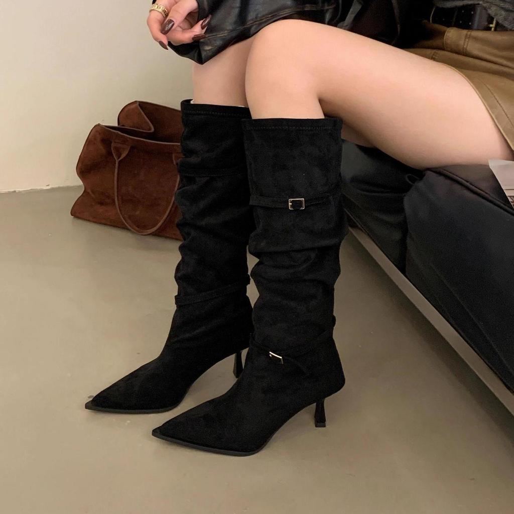 2025 Retro Ruched Stacked Pointed Toe Thigh-High Suede Western Boots with Double Strap