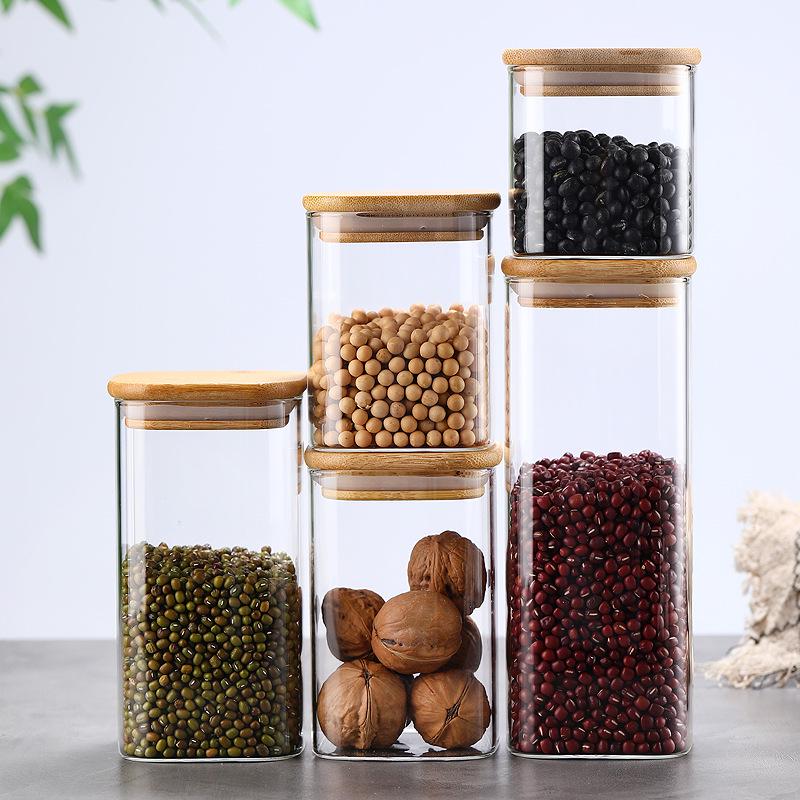 Transparent Glass Storage Jar for Grains & Dried Fruits - Large Capacity, Square & Sealed, Food-Grade Quality.