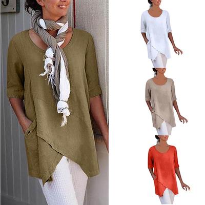 Slant Pocket Irregular Hem Round Neck Linen Medium Sleeve Women's Casual Fashion T Shirt Plus Size