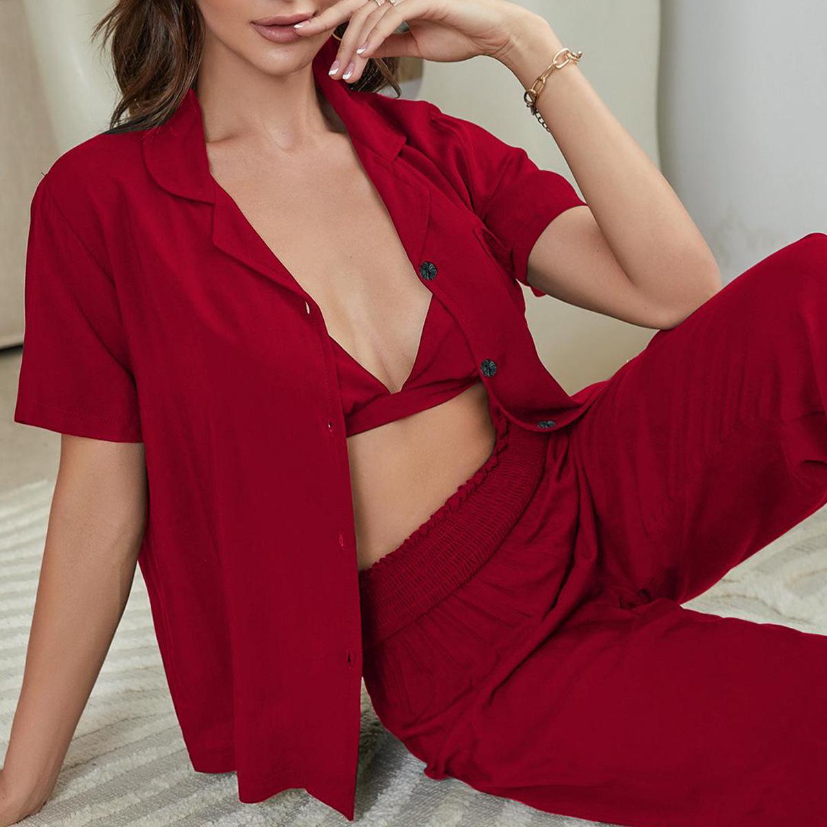 

Женский комплект из 3 предметов, короткий рукав, топ на пуговицах, длинные брюки, удобный бюстгальтер, женские пижамы из вискозы XL красный