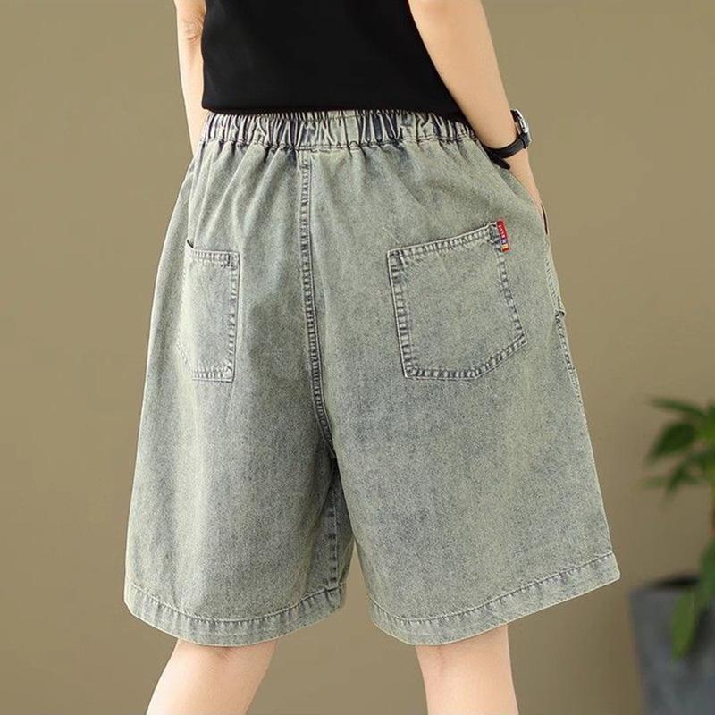 Cotton Shorts Women Summer Big Size Pants Vintage Loose High Waist Elastic Denim Wide Leg Skirt Pants