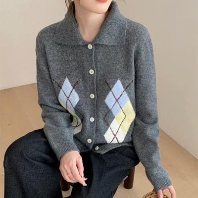 Retro Literary and Artistic Contrasting Color Diamond Lapel Knitted Cardigan Top Women's Loose Lazy Wind Age-reducing Sweater Jacket