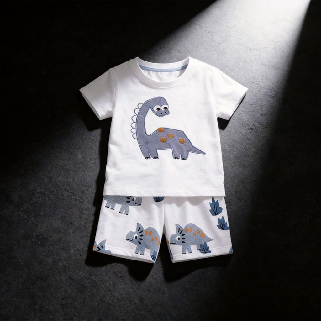 Malwee Boy Summer Cotton T Shirt And Shorts Set With Cartoon Dinosaur Prints For Kids Ages 3 To 8