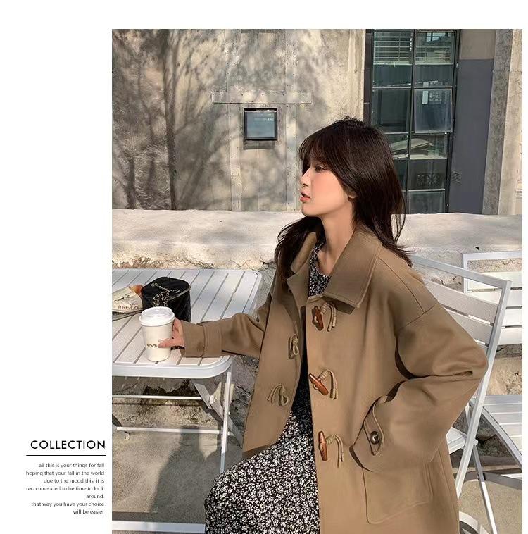 Fashion Design Cow Horn Buckle Tweed Jacket Female Autumn and Winter Tweed Coat Small Son In The Long Section