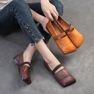 Scarpe da donna comode, in vera pelle, con punta quadrata, fondo piatto, versatili, tinta unita, slip-on
