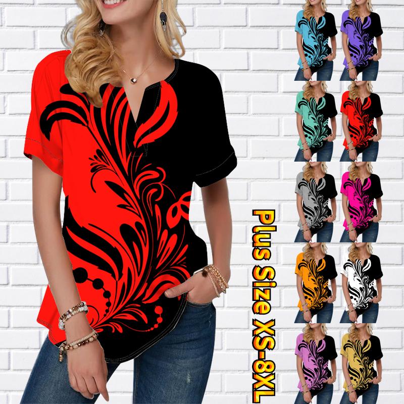 

Женская летняя футболка с синим принтом перьев, футболки с короткими рукавами, повседневные топы, маленький v-образный вырез с короткими рукавами