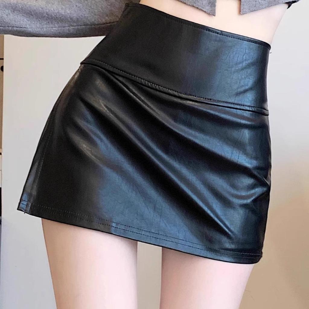 Black PU Leather A-line Slit Mini Skirt for Women - High Waist Hip-Hugging Autumn Style 2026