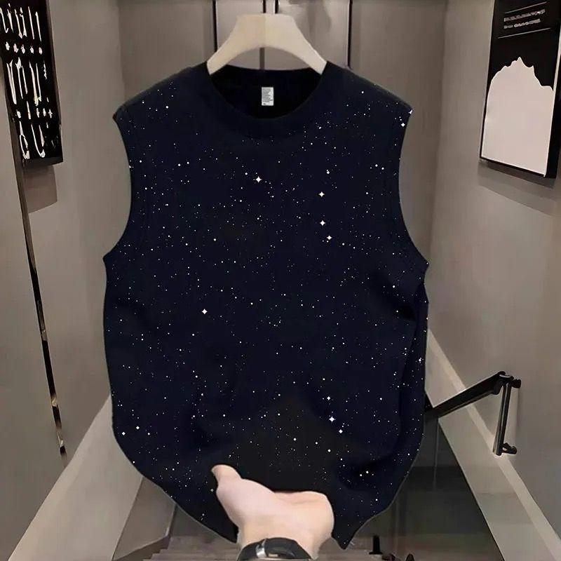 Men's Sleeveless Vest Star Glitter Powder Hot Diamond Crew Neck Loose Breathable Sports Top