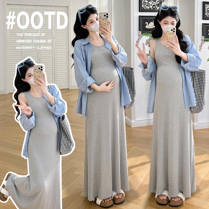 Spring/Summer 2026 Stylish Maternity Tank Dress & Long Sleeve Shirt Set for Trendy Moms M