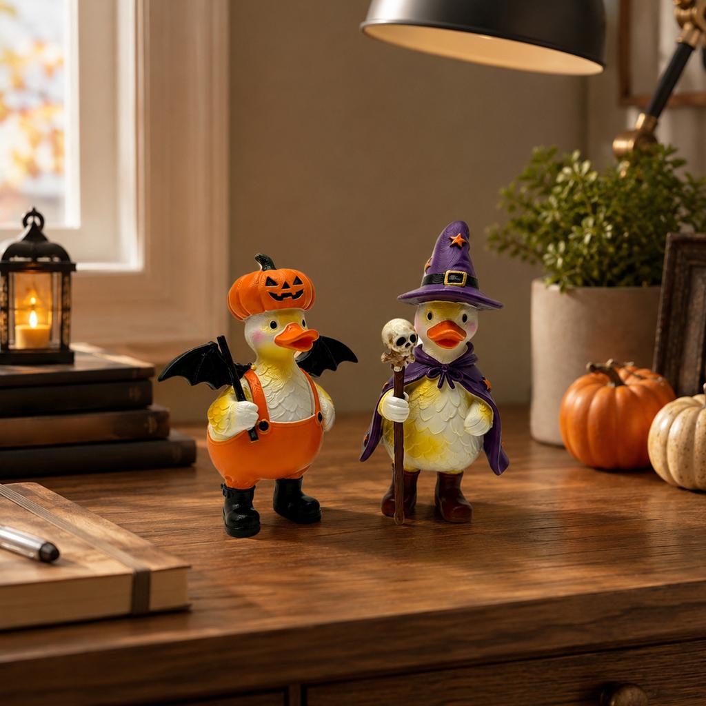 Mit Kürbishut und Skelettkolben Harz Halloween Figurine Set von 2 - Dekorative Ornamente für die Wohnkultur
