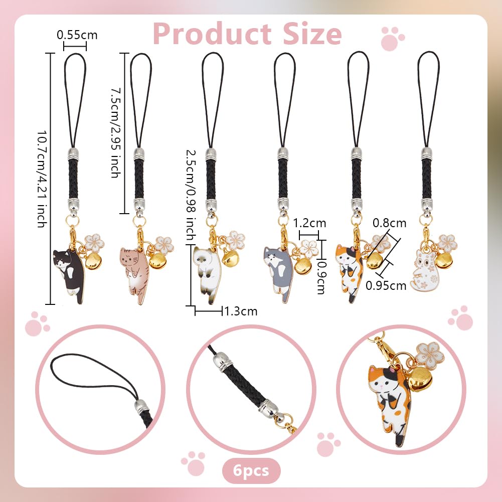 OLYCRAFT 6 Stycken Katt Nyckelring Blomma Berlock Emalj Hänge Nyckelring Nylon Snöre Ögla Japansk Stil Nyckelring 6 Färger Hantverk Diverse Gåvor