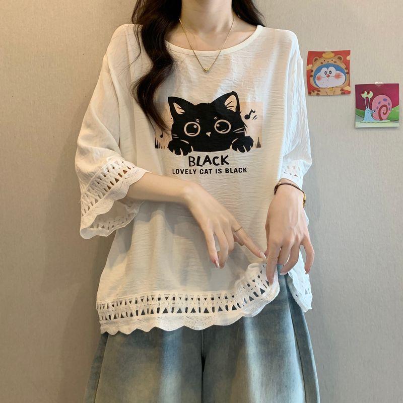 Plus size women clothing American Print Hollow-out Shoulder Short sleeve T-shirt Female Chubby Girl Loose Slimming Belly Covering Chic Top White M [Recommendation 42.5-50kg]