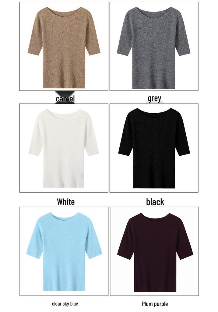 Ultra-Fine Pure Wool Women's Slim-Fit Fishbone Pattern One-Shoulder Mid-Sleeve Base Layer Shirt