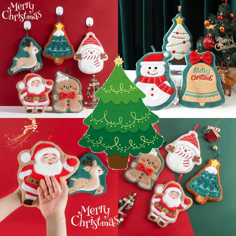 Christmas Hand Towel Set Coral Velvet Xmas Tree Santa Claus Hand Towels Absorption Quick-Drying Hand Towel For Kitchen Bathroom