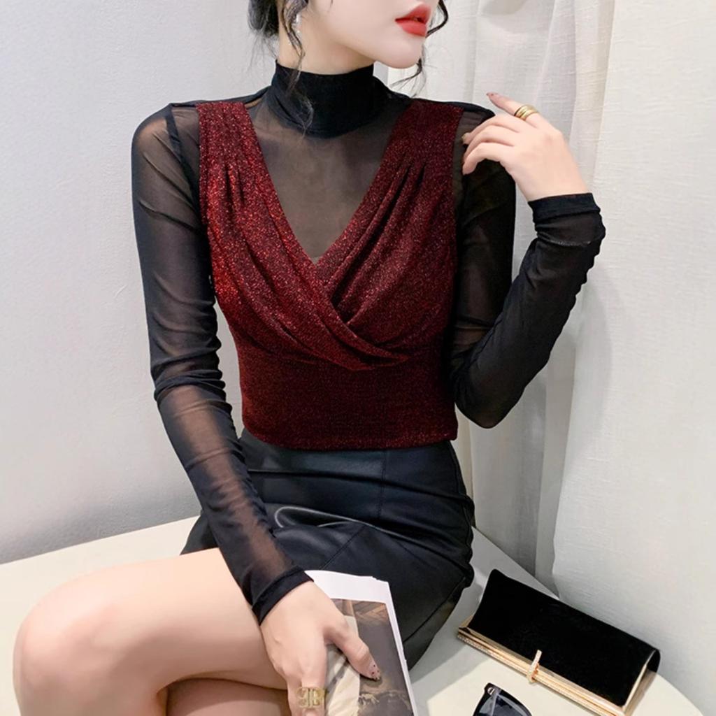 Two-piece Tops for Women In Winter Fashionable T-shirt with Slim Half Turtleneck Mesh Base Shirt