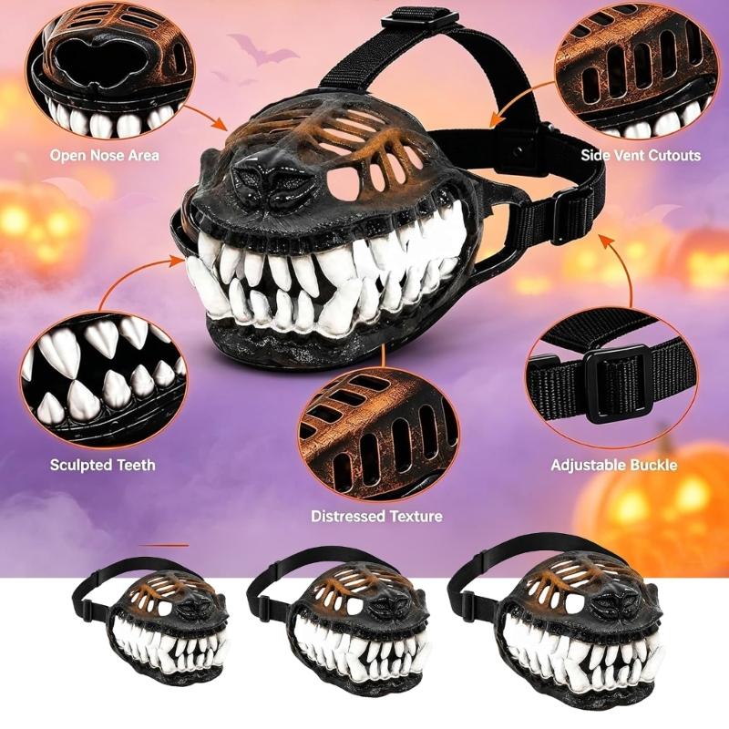Dog Costume Muzzle with 3D Devil Face and Faux Teeth, Adjustable Head Strap for Halloween Parties and Pet Photoshoots