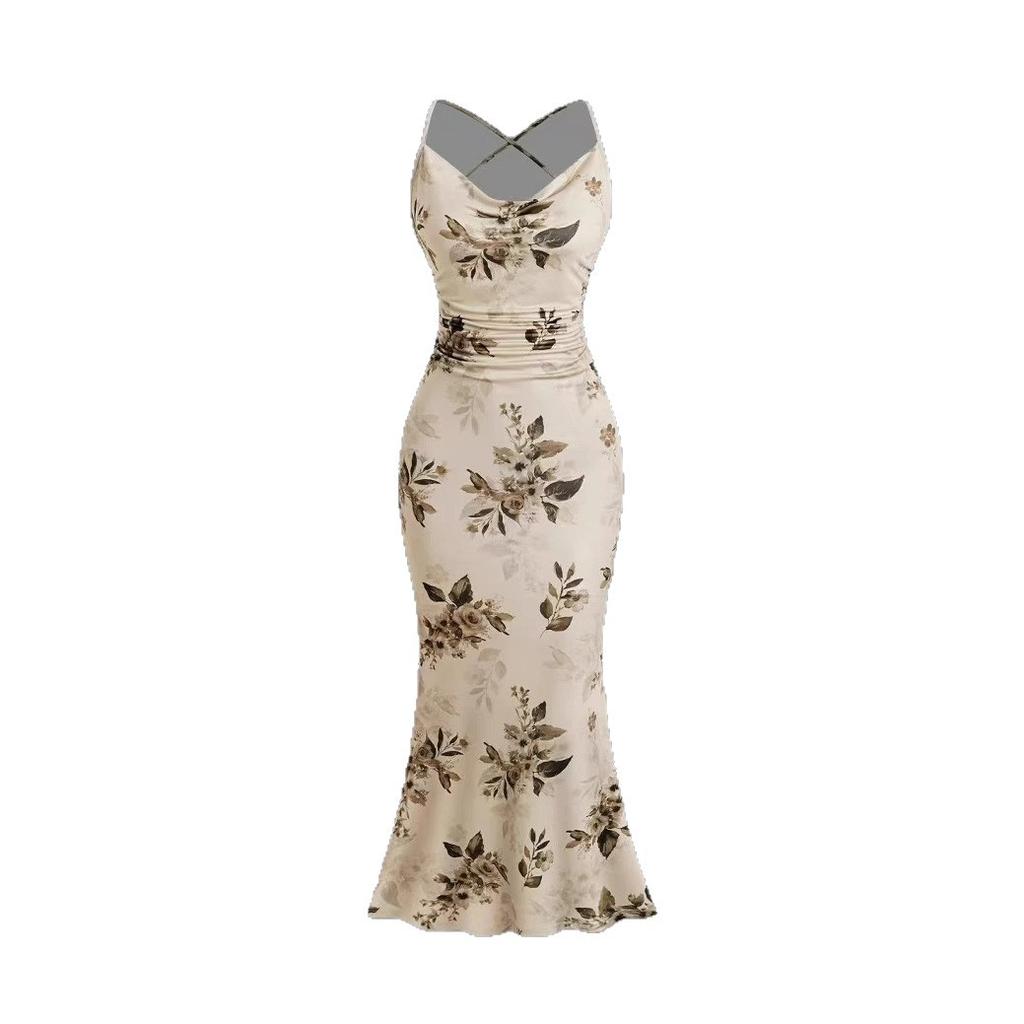 Summer and autumn suspender printing sexy chest dress women's European and American style temperament advanced sense slim and long
