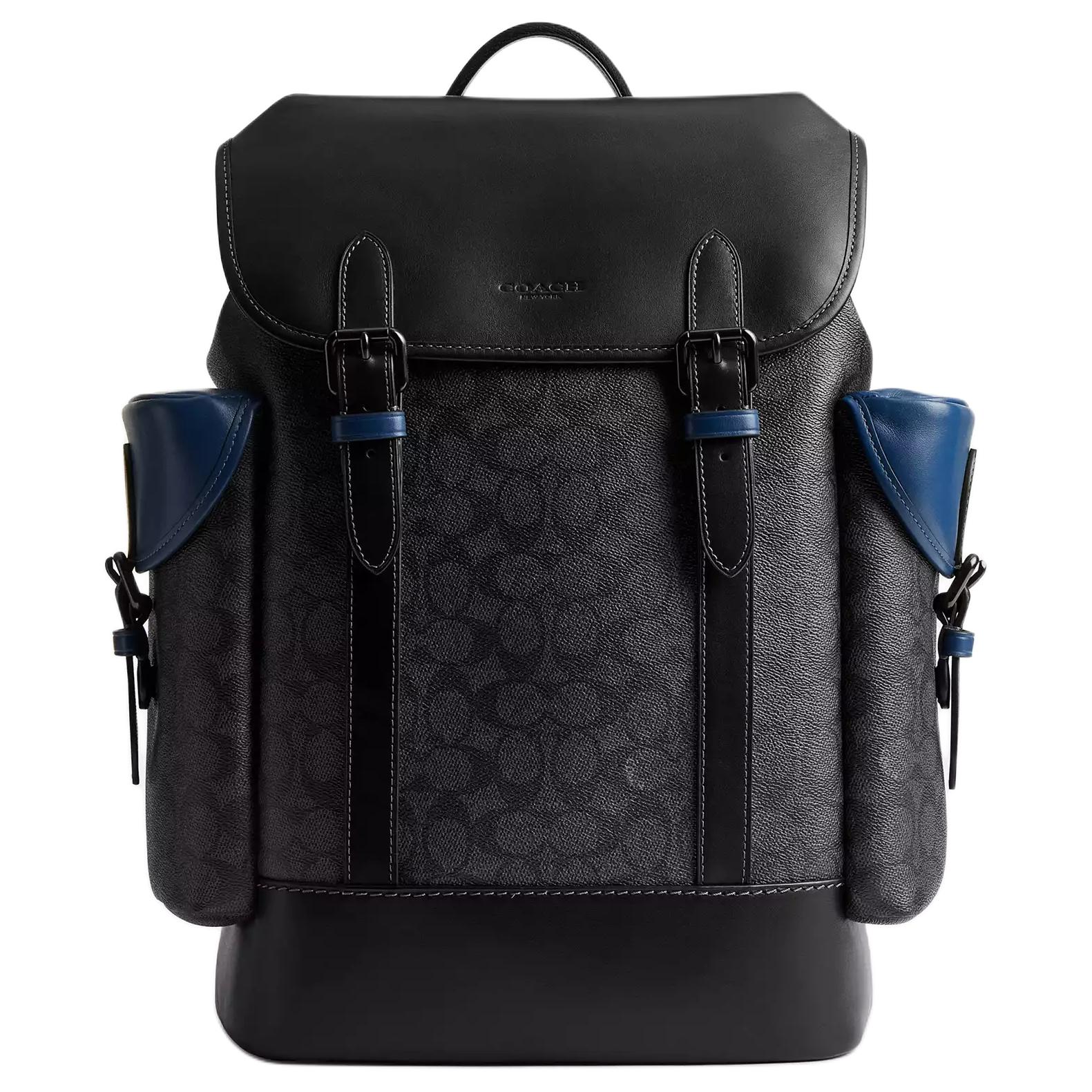 

Coach Black Signature Canvas Leather Trim Large Flap Backpack with Blue Accents for Daily Use Basic Set (Bag+Dust Bag)