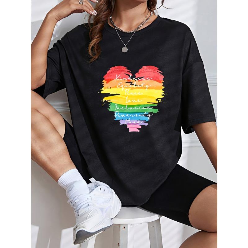 White T-Shirt With Rainbow Heart Print Kindness Equality Peace Love Inclusion Diverse Hope Design For Casual Wear And Pride Events