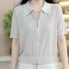Ice Silk Polo Neck T-shirt Short Sleeve New Fashionable Fashionable Shoulder Zipper Belly-covering Short Lapel Top
