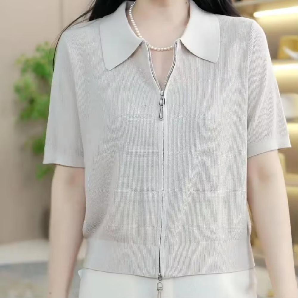 Ice Silk Polo Neck T-shirt Short Sleeve New Fashionable Fashionable Shoulder Zipper Belly-covering Short Lapel Top