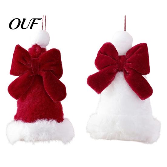 Christmas Tree Branch Pendants Plush Santa Hat Ornament with Bow Decor, Xmas Hanging Pendant Fabric Gift Box Toppers Lanyard for Holiday Decoration,