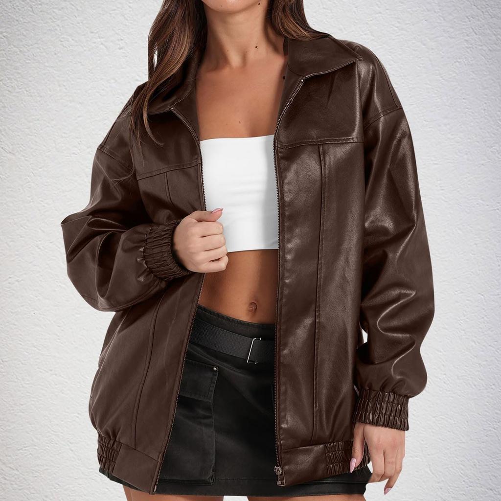 Women's Fashion Leather Jacket, Long-Sleeved, Lapel, Zipper, Side Pockets, Casual Windbreaker Coat